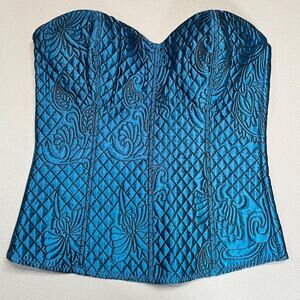 Fredericks of Hollywood blue black lace up bustier corset embroidered sz 36